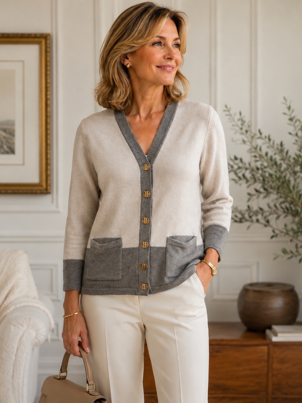 Salvatore Ferragamo Wool Cardigan Sweater Gray Ivory Gancini Button Italy
